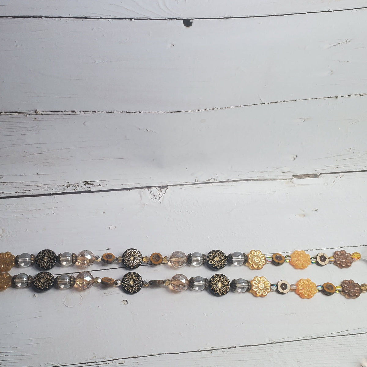 18-Inch Crystal Suncatcher with Czech Glass Flowers – Black, Gold & Amber Prism Window Hanging