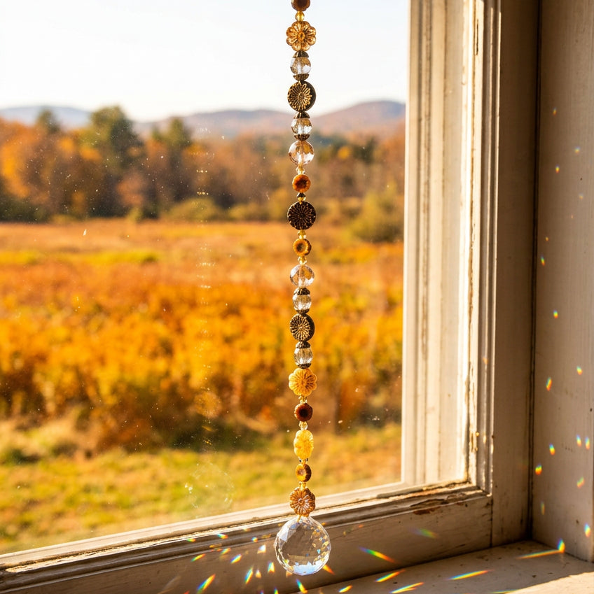 18-Inch Crystal Suncatcher with Czech Glass Flowers – Black, Gold & Amber Prism Window Hanging