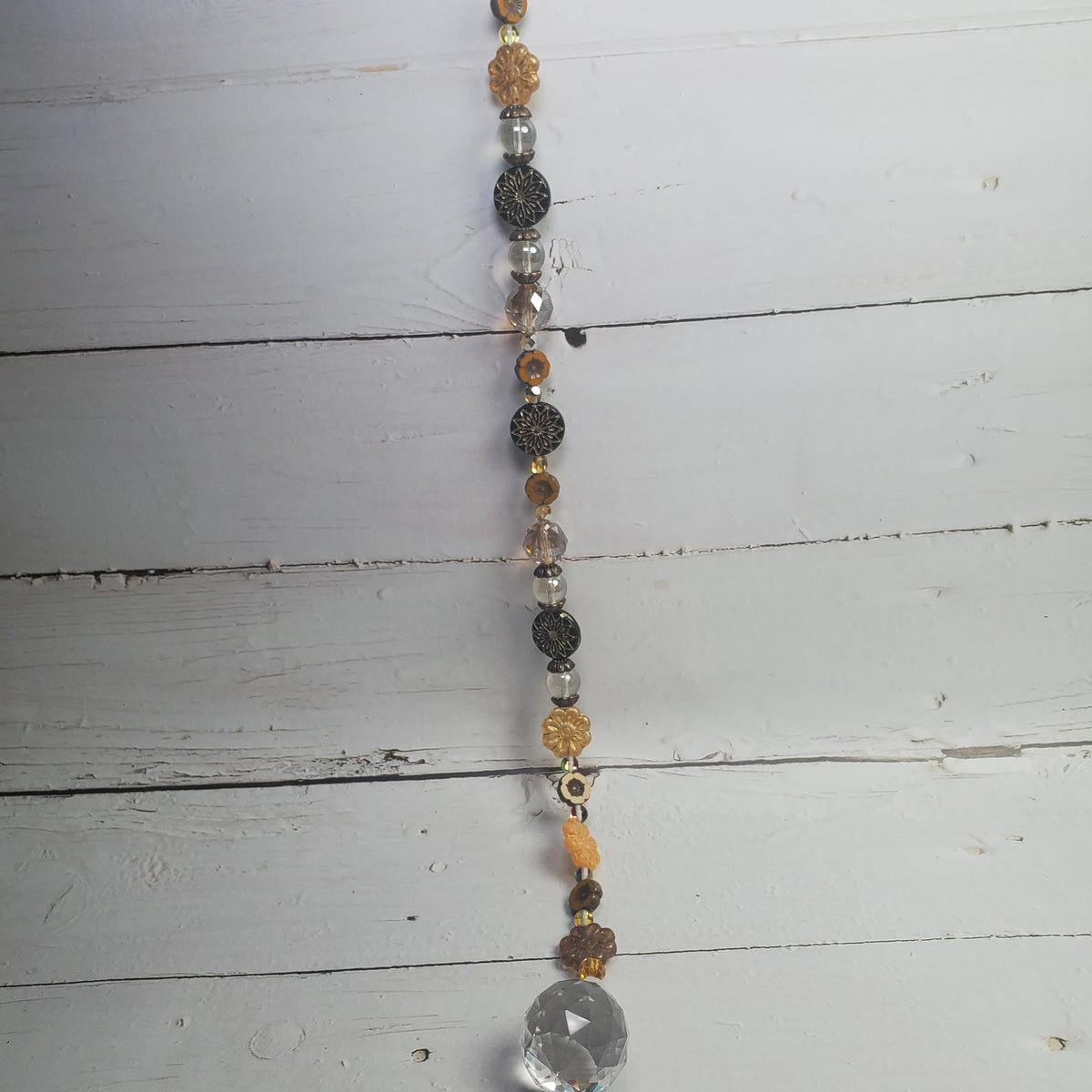 18-Inch Crystal Suncatcher with Czech Glass Flowers – Black, Gold & Amber Prism Window Hanging