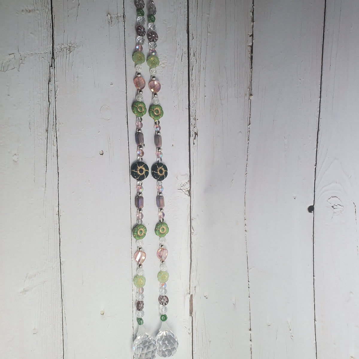 17-Inch Crystal Suncatcher with Czech Glass Flowers – Green, Lavender & Pink Prism Window Hanging