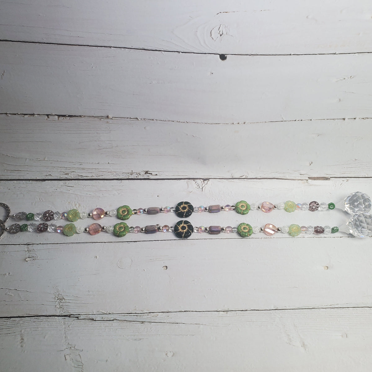 17-Inch Crystal Suncatcher with Czech Glass Flowers – Green, Lavender & Pink Prism Window Hanging