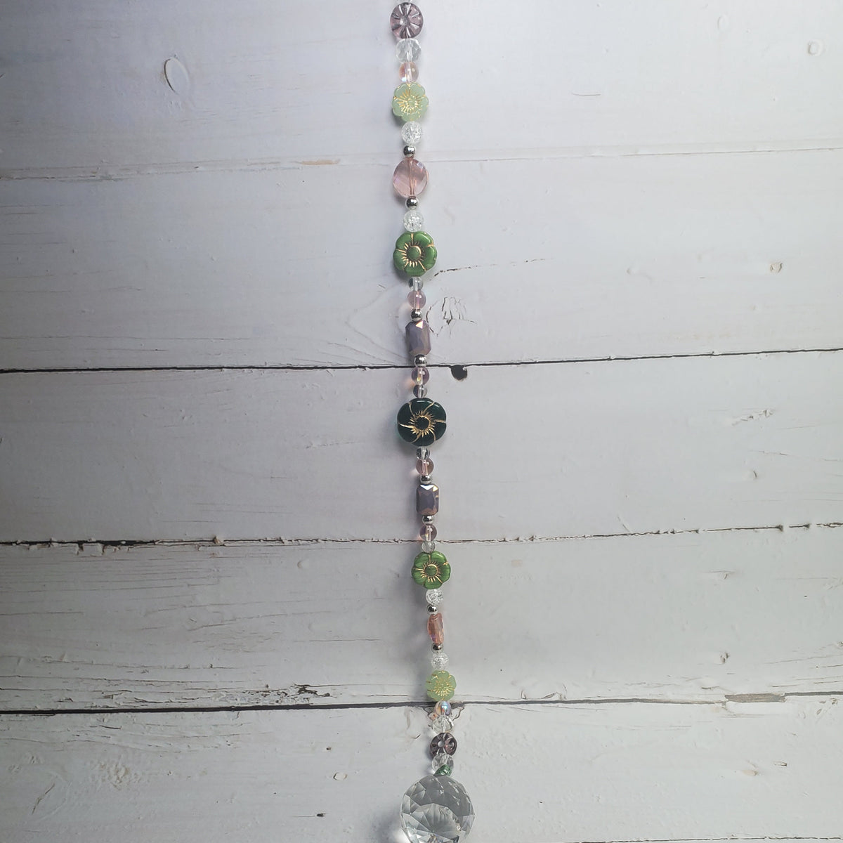 17-Inch Crystal Suncatcher with Czech Glass Flowers – Green, Lavender & Pink Prism Window Hanging