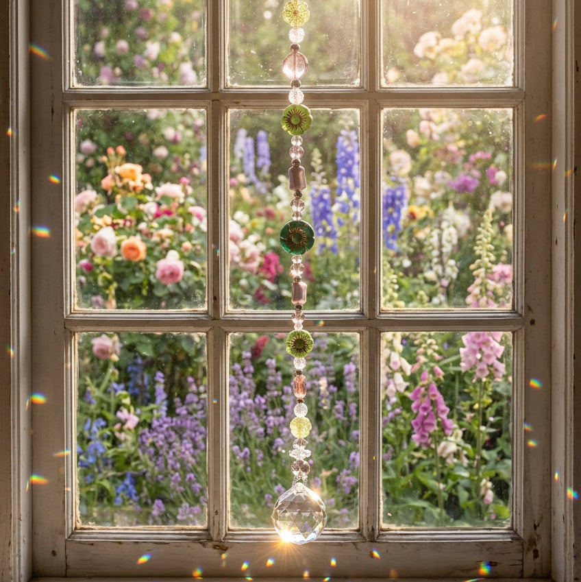 17-Inch Crystal Suncatcher with Czech Glass Flowers – Green, Lavender & Pink Prism Window Hanging