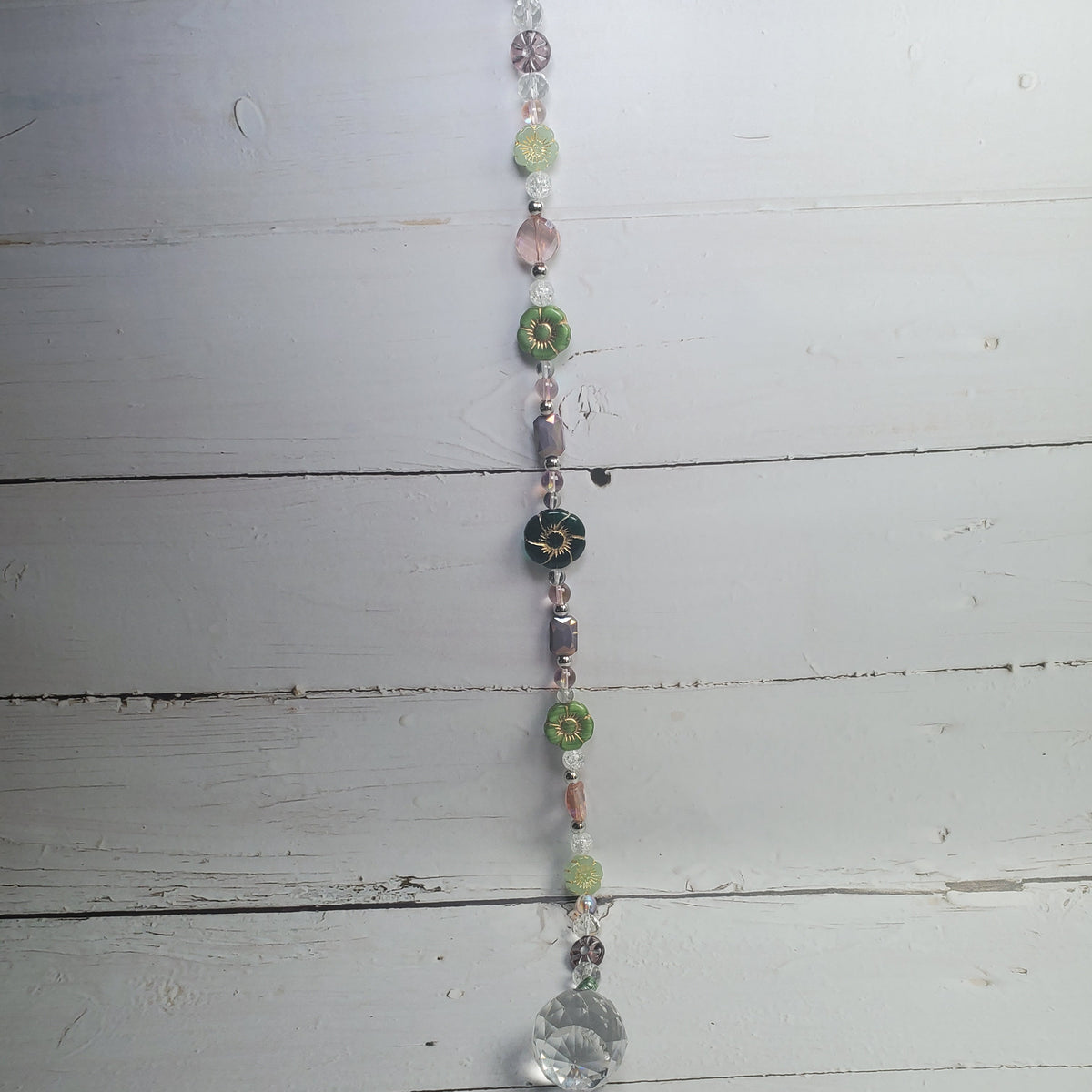 17-Inch Crystal Suncatcher with Czech Glass Flowers – Green, Lavender & Pink Prism Window Hanging