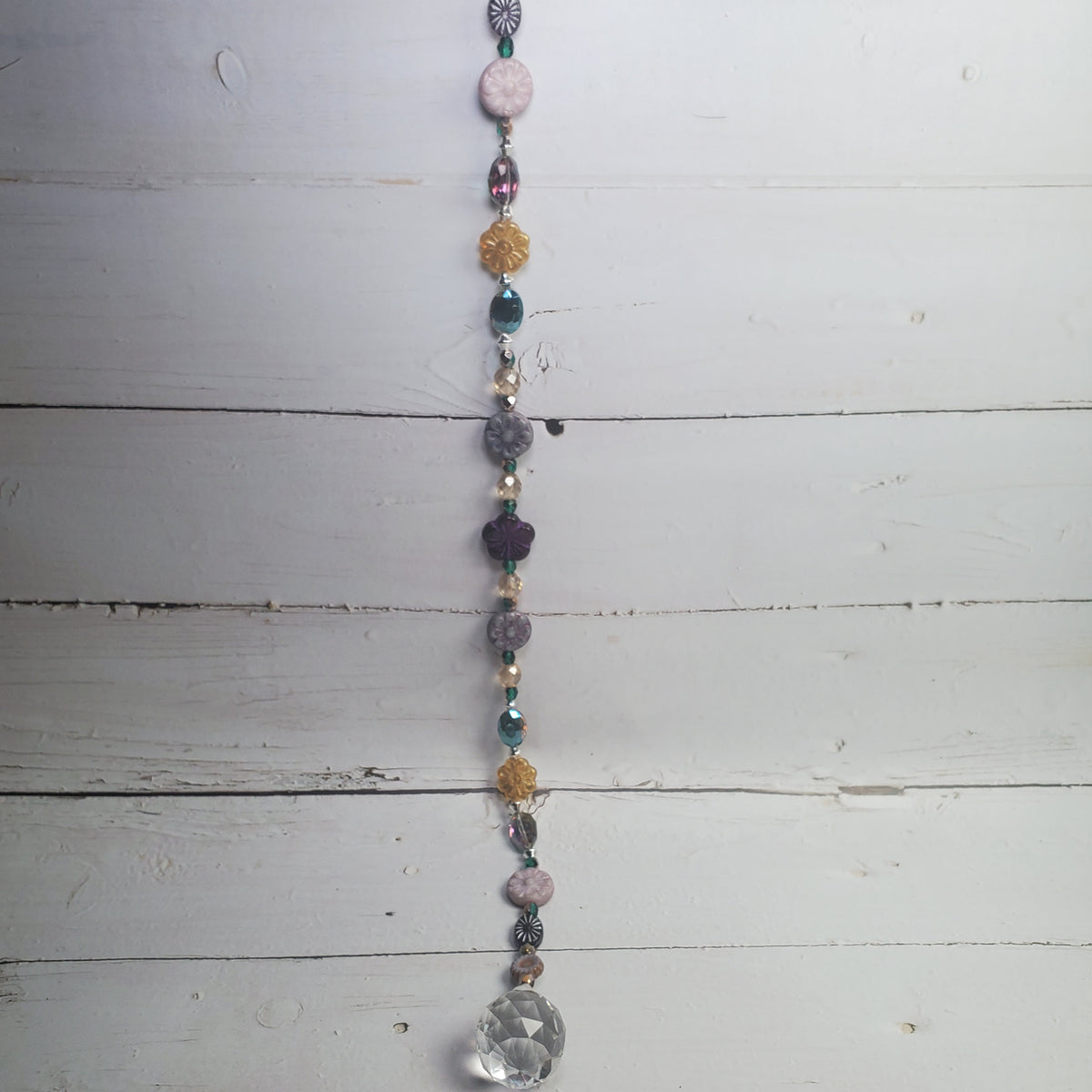 19-Inch Crystal Suncatcher with Lavender & Purple Czech Glass Flowers – 30mm Rainbow Prism Window Hanging
