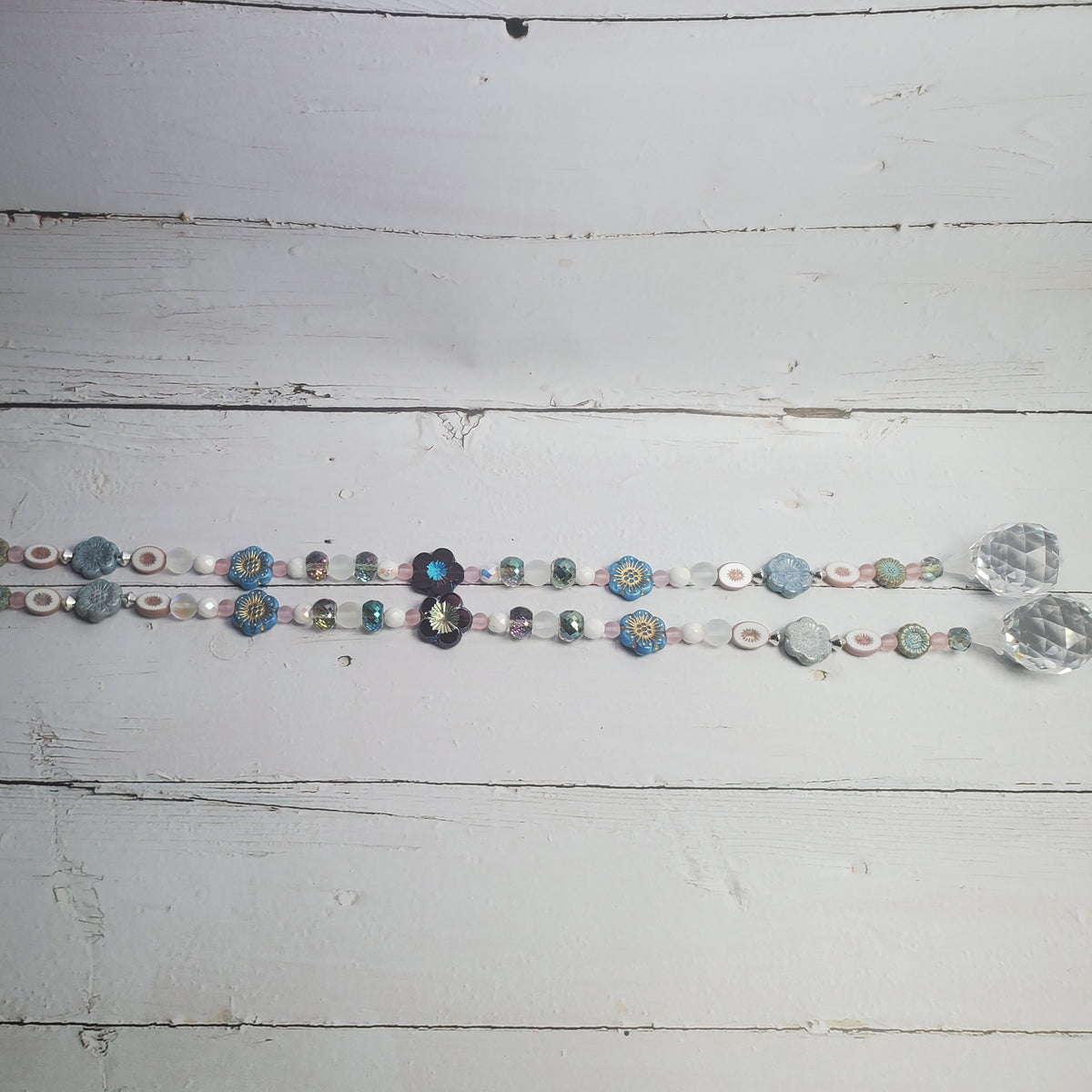 18-Inch Crystal Suncatcher with Pastel Blue & Pink Czech Glass Flowers – 30mm Rainbow Prism Window Hanging