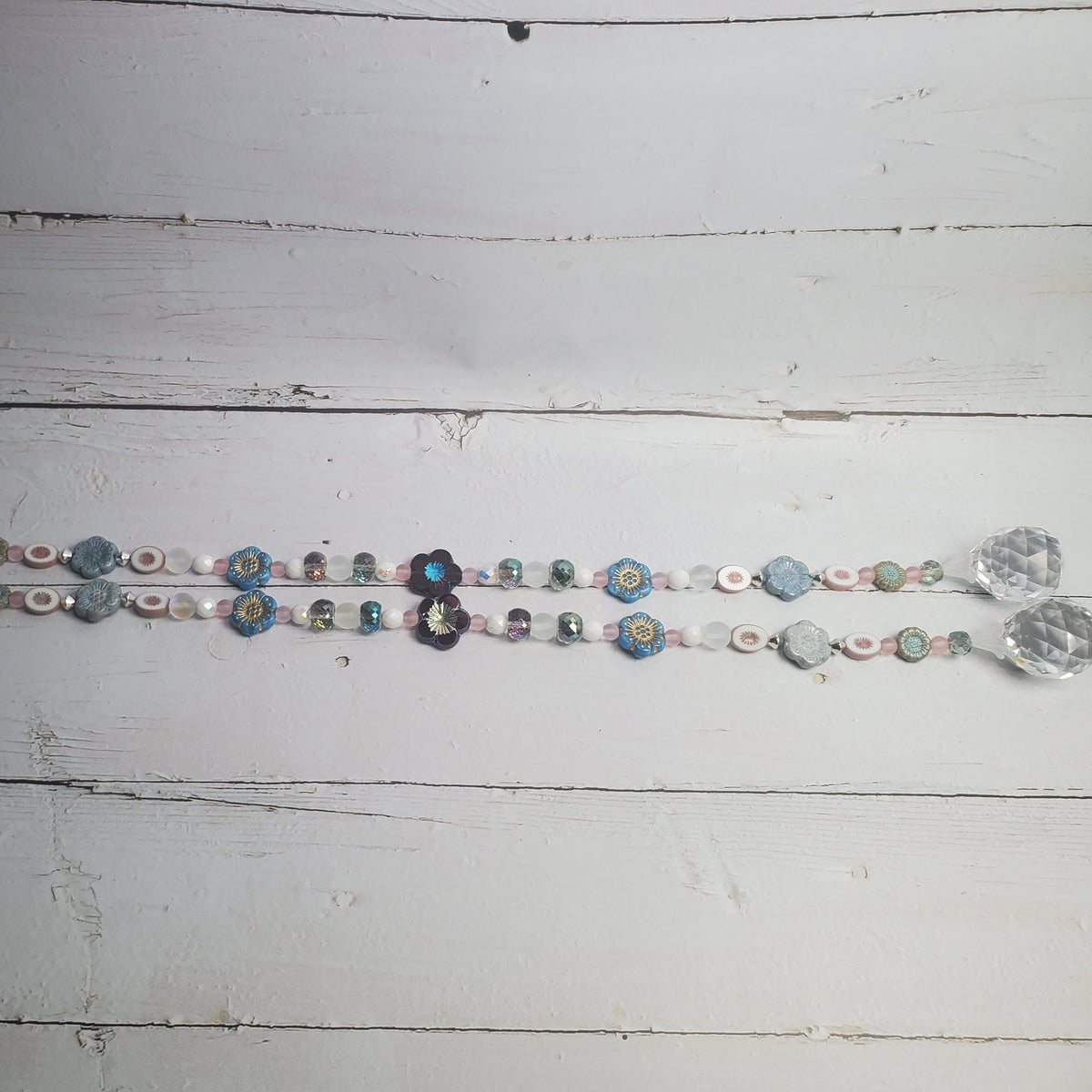 18-Inch Crystal Suncatcher with Pastel Blue & Pink Czech Glass Flowers – 30mm Rainbow Prism Window Hanging