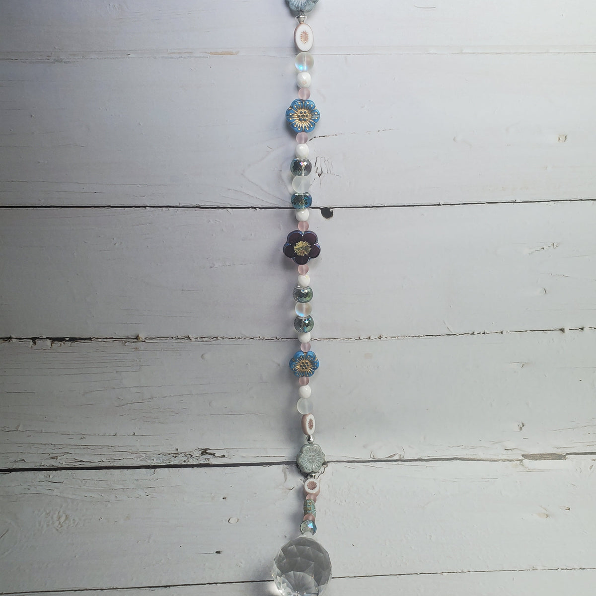 18-Inch Crystal Suncatcher with Pastel Blue & Pink Czech Glass Flowers – 30mm Rainbow Prism Window Hanging