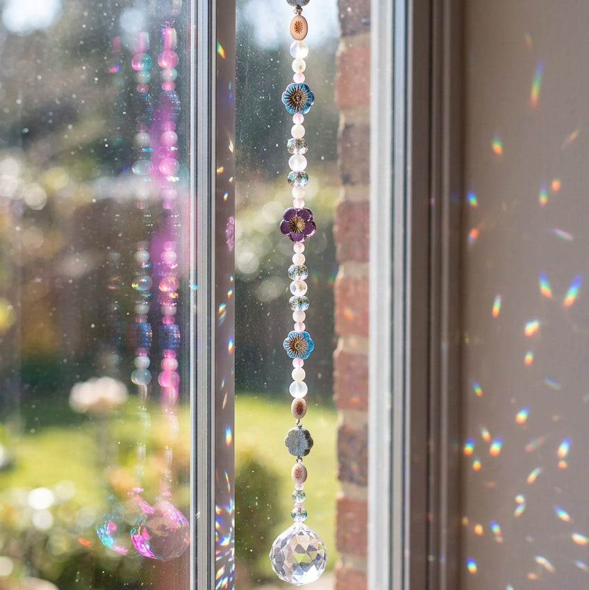 18-Inch Crystal Suncatcher with Pastel Blue & Pink Czech Glass Flowers – 30mm Rainbow Prism Window Hanging