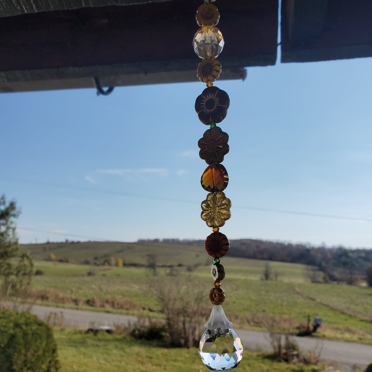 Crystal Suncatcher with Czech Glass Flowers – 11-Inch Jewel-Tone Window Rainbow Catcher