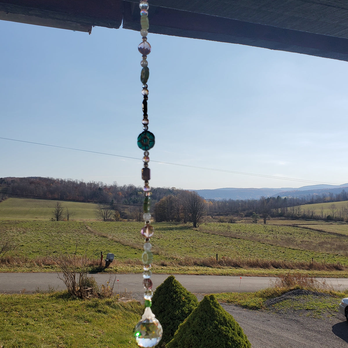 17-Inch Crystal Suncatcher with Czech Glass Flowers – Green, Lavender & Pink Prism Window Hanging
