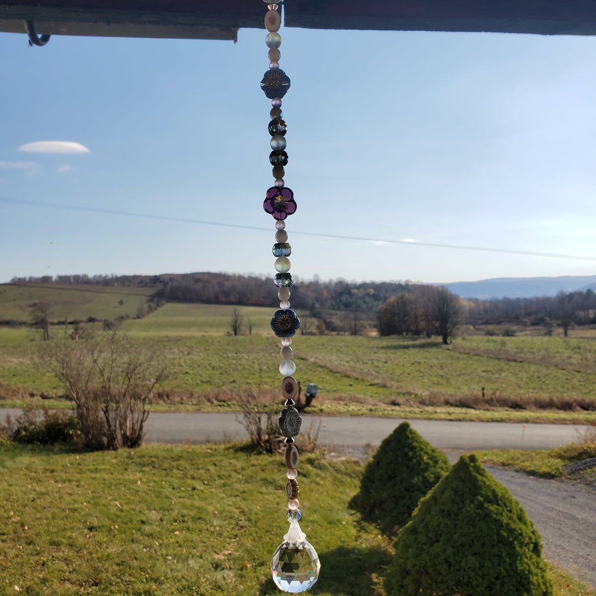 18-Inch Crystal Suncatcher with Pastel Blue & Pink Czech Glass Flowers – 30mm Rainbow Prism Window Hanging