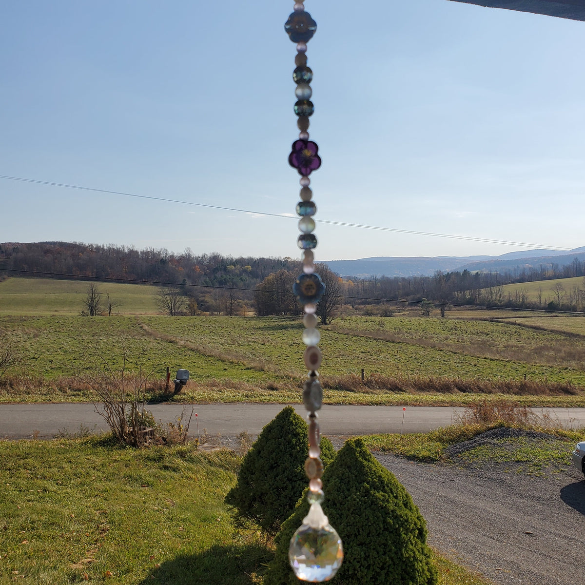 18-Inch Crystal Suncatcher with Pastel Blue & Pink Czech Glass Flowers – 30mm Rainbow Prism Window Hanging