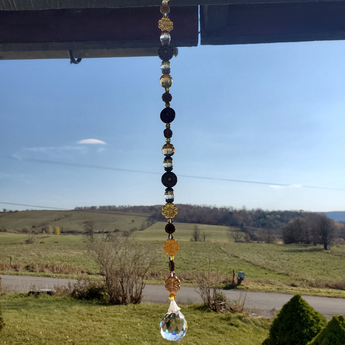 18-Inch Crystal Suncatcher with Czech Glass Flowers – Black, Gold & Amber Prism Window Hanging