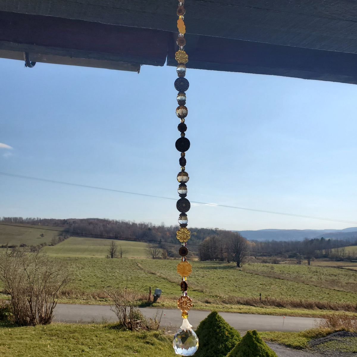 18-Inch Crystal Suncatcher with Czech Glass Flowers – Black, Gold & Amber Prism Window Hanging
