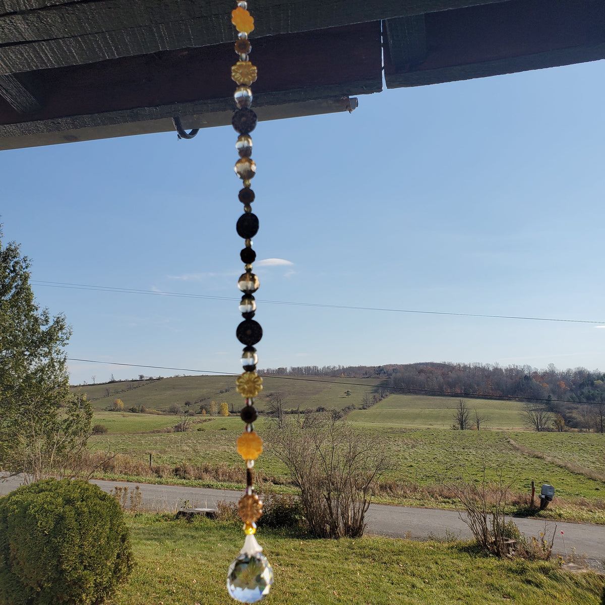 18-Inch Crystal Suncatcher with Czech Glass Flowers – Black, Gold & Amber Prism Window Hanging