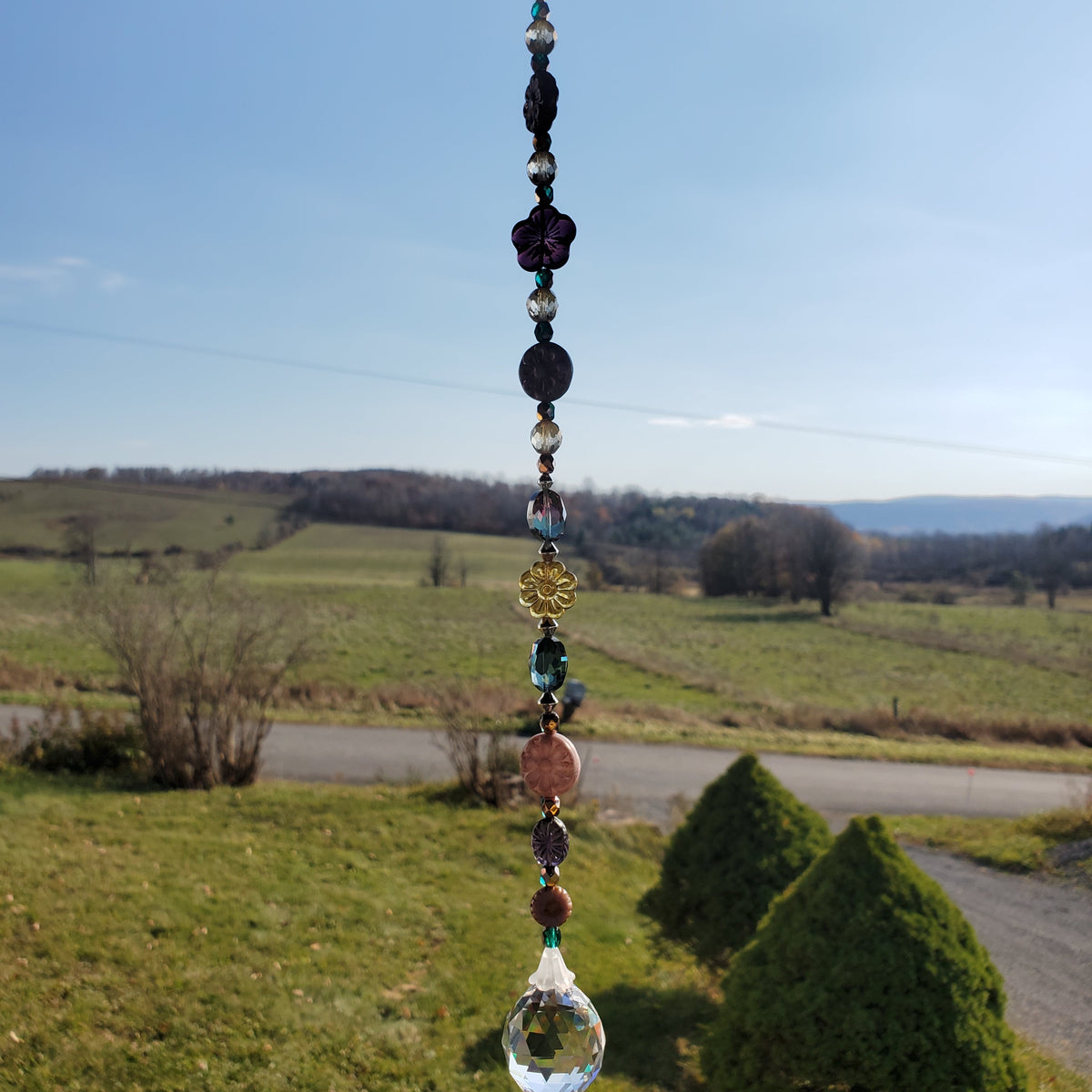19-Inch Crystal Suncatcher with Lavender & Purple Czech Glass Flowers – 30mm Rainbow Prism Window Hanging