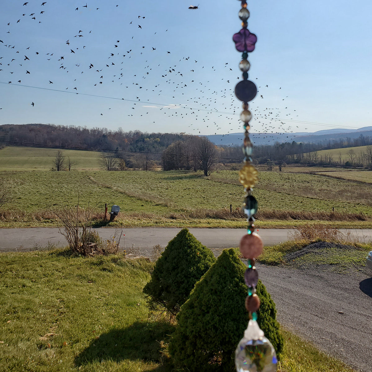 19-Inch Crystal Suncatcher with Lavender & Purple Czech Glass Flowers – 30mm Rainbow Prism Window Hanging