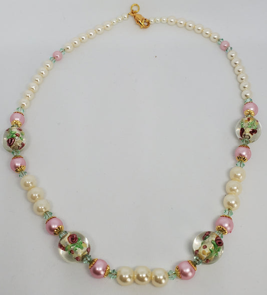 Floral Lampwork and Pearl Necklace