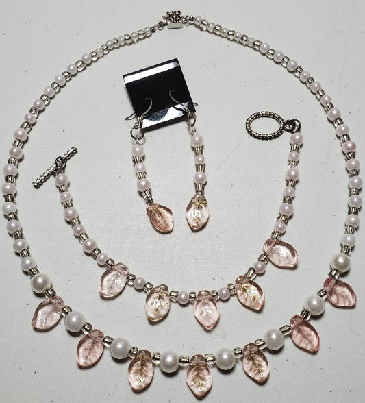 Pink Leaf and Pearl necklace, bracelet and earring set