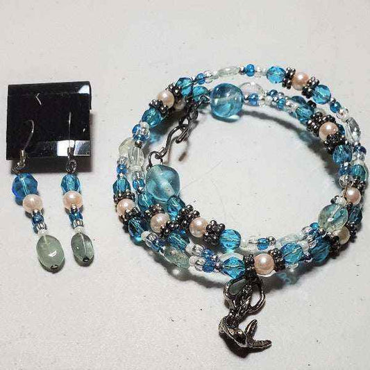 Blue and pearl gemstone bracelet and earring set with mermaid charm and glass beads