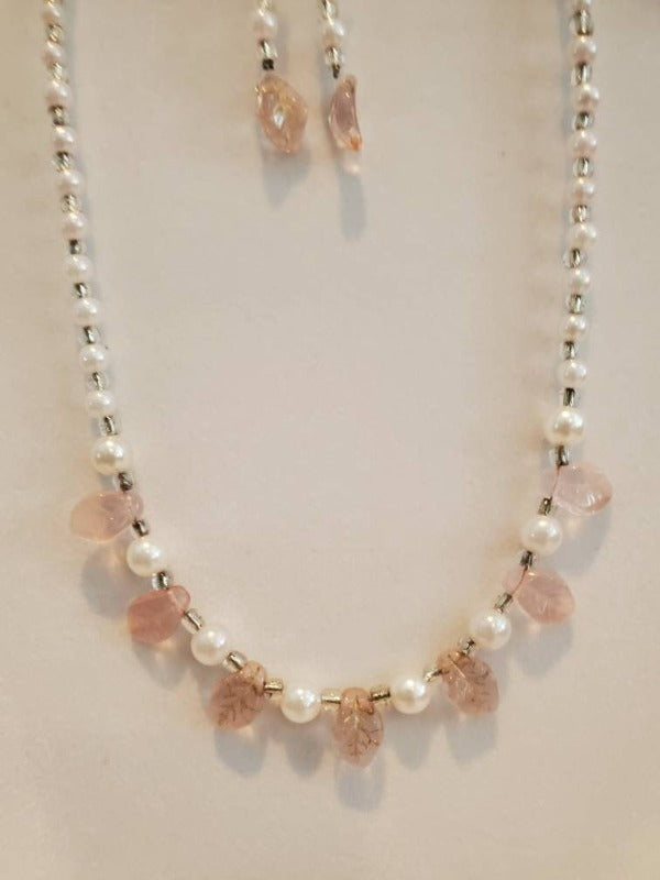 Pink Leaf and Pearl necklace, bracelet and earring set