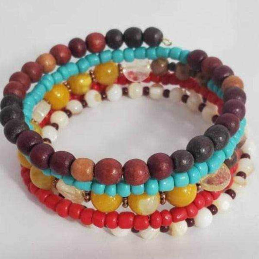 Bohemian bracelet with citrine, shell, colorful wood, and glass beads on flexible memory wire cuff