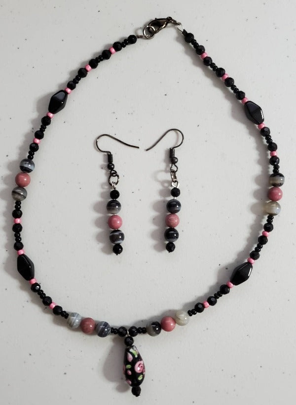 Pink and Black Floral Choker Necklace with Earrings