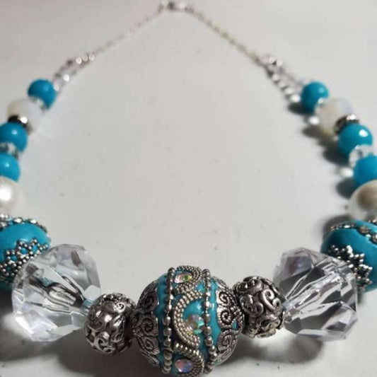 Vintage Fashion Turquoise and Silver Necklace with crystal and glass beads.
