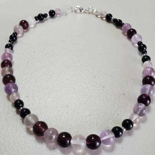 Amethyst Gemstone Necklace beaded choker with amethyst, fluorite, black glass beads, and silver-toned clasp