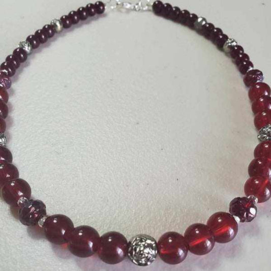 Handcrafted floral necklace garnet rose choker with glass and crystal beads, 14-inch length