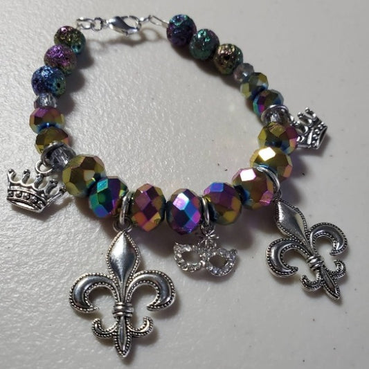 Mardi Gras Silvertone Charm Bracelet