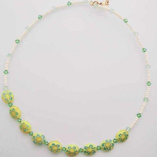 Millefiori Yellow Daisy floral necklace with yellow and aqua glass beads, Austrian crystals, and lobster clasp