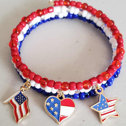 Red White and Blue Charm Bracelet with Czech glass beads and brass flag, heart, and star charms.