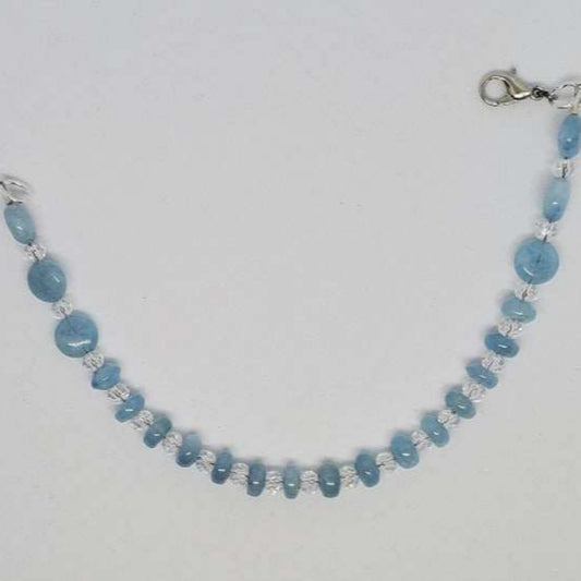 Aquamarine and Crystal Gemstone Bracelet with Lobster Claw clasp, featuring genuine Aquamarine Rondelles and Austrian Crystal beads.