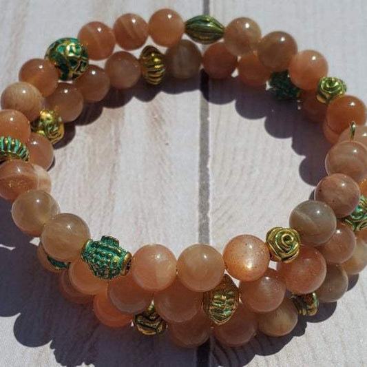 Peach Moonstone cuff Gemstone Bracelet with enameled brass accents and memory wire design.