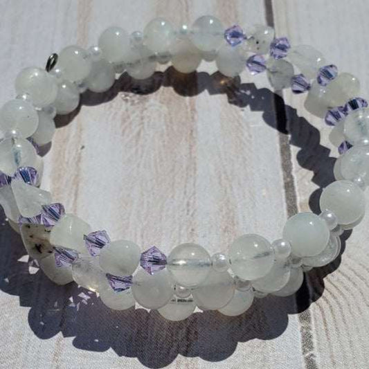 Rainbow Moonstone and Crystal Cuff Gemstone Bracelet with acrylic pearls and Swarovski crystals on memory wire.