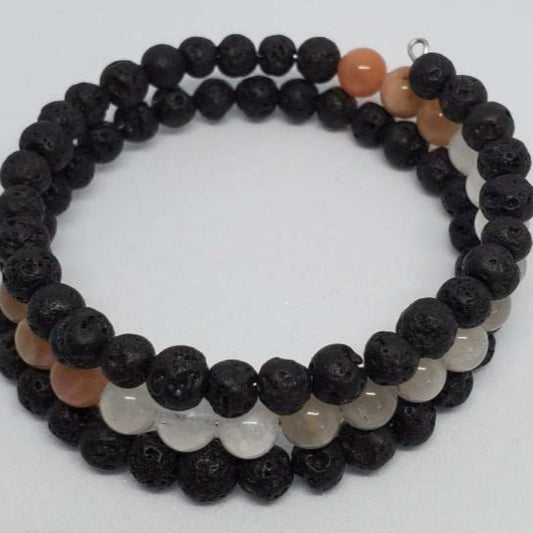 Mixed Moonstone Cuff Gemstone Bracelet with Rainbow, Peach, Gray Moonstone and Lava Stone.
