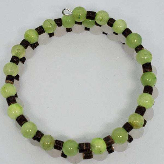 Green Flower Jade and White Jade gemstone bracelet with coconut wood spacers on memory wire cuff