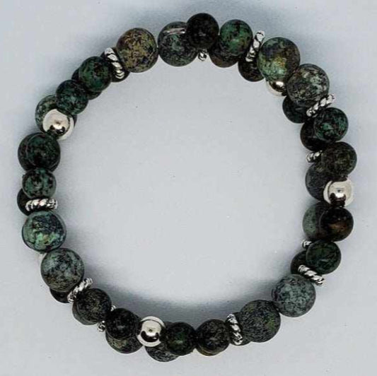 African Turquoise and pewter cuff gemstone bracelet with earthy green and black beads on flexible memory wire