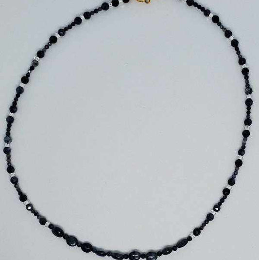 Gemstone necklace sapphire and crystal choker with gold clasp and black beads