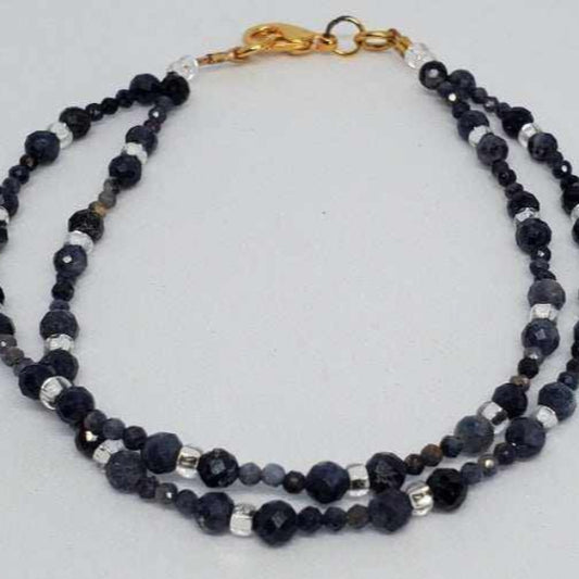 Double-strand sapphire and crystal gemstone bracelet with gold clasp for elegant wear