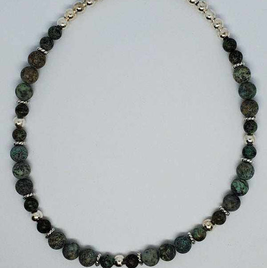 African Turquoise gemstone necklace choker with pewter spacers and lobster claw clasp