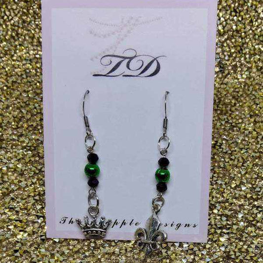 Pewter Mardi Gras earrings with crown and fleur-de-lis charms, green and purple beads, on hypoallergenic hooks