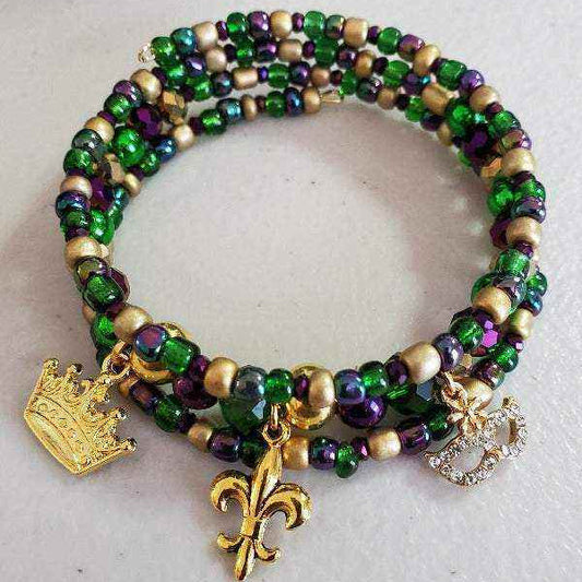 Mardi Gras Bracelet with green, purple, gold beads and goldtone charms, festive and adjustable design