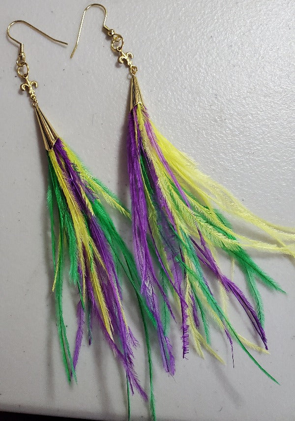 Mardi Gras Feather Tassel Earrings